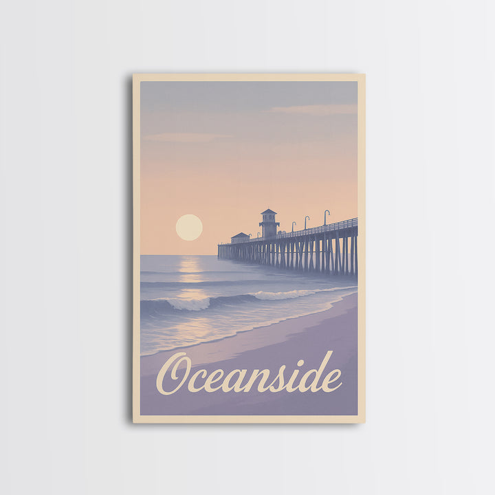 Oceanside Travel Poster, Canvas Print, Retro Sunset Skyline Art, Oceanside Wall Art, Retro Travel Print, Watercolor Skyline, Design 2