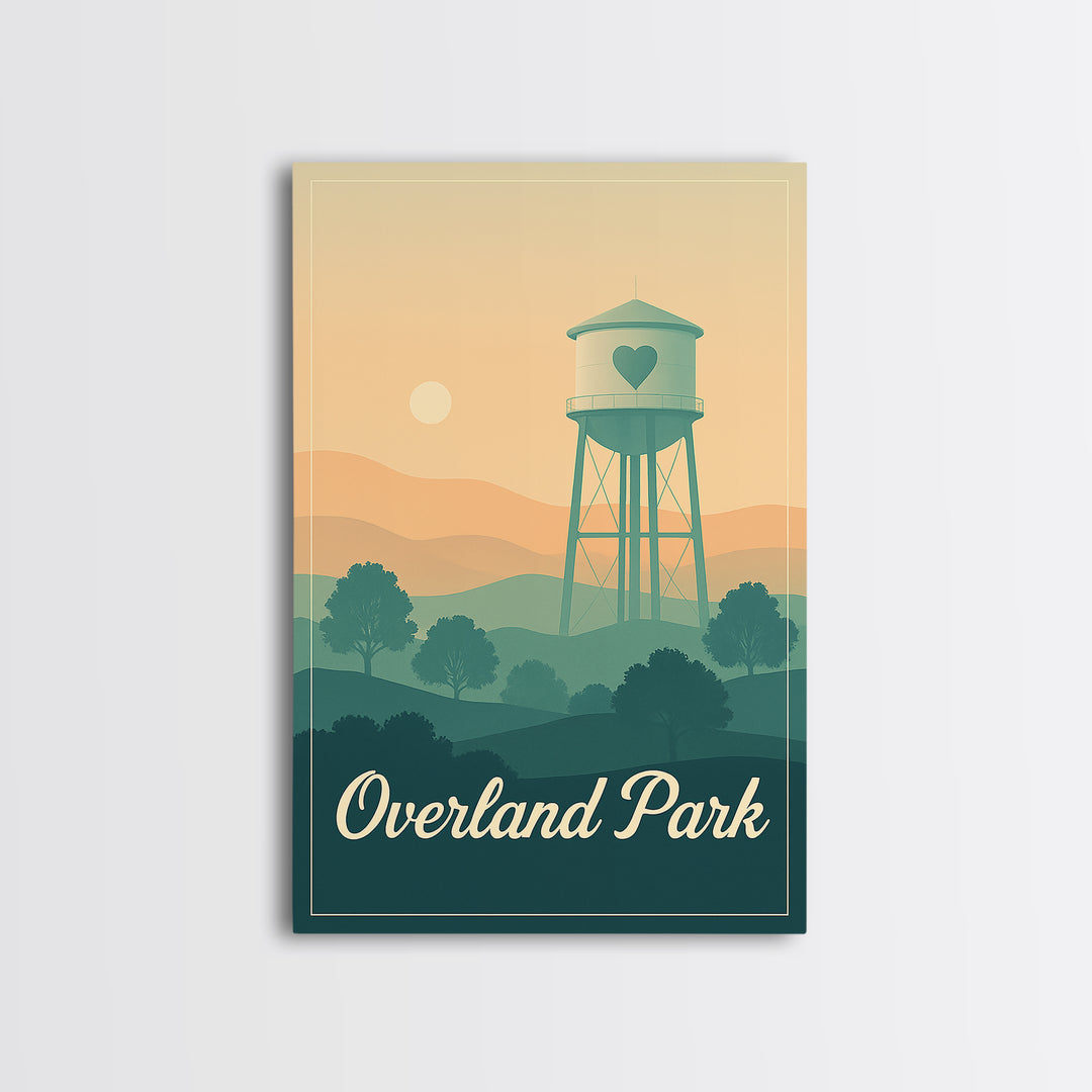 Overland Park Kansas Travel Poster, Canvas Print, Retro Sunset Skyline Art, Overland Park Art Print, Wanderlust Decor, Watercolor Cityscape