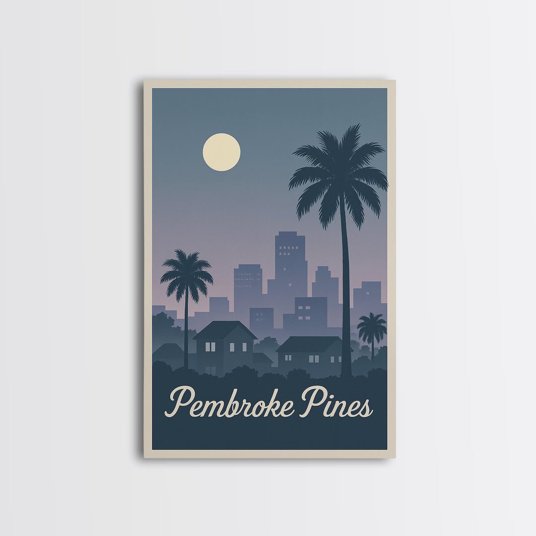Pembroke Pines Florida Travel Poster, Canvas Print, Retro Sunset Skyline Art, Pembroke Pines Art Print, Wanderlust Decor, Modern Wall Decor