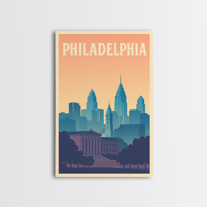 Philadelphia Travel Poster, Framed Canvas Print, Retro Sunset Skyline Art, Philadelphia City Art, Retro Travel Print, City Travel Prints