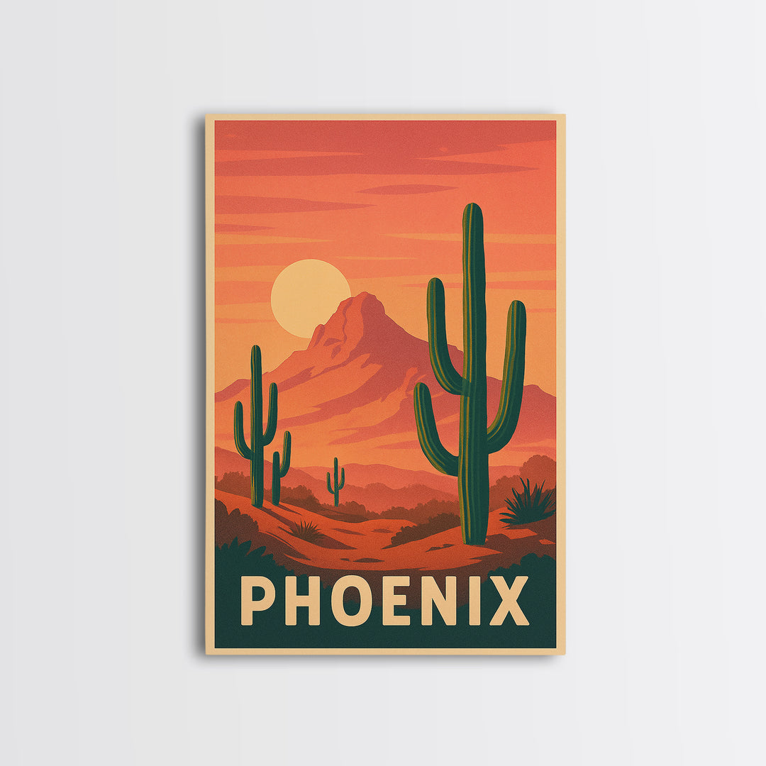 Phoenix Arizona Travel Poster, Framed Canvas Print, Retro Sunset Skyline Art, Phoenix Travel Art, Vintage Travel Print, Vintage City Poster