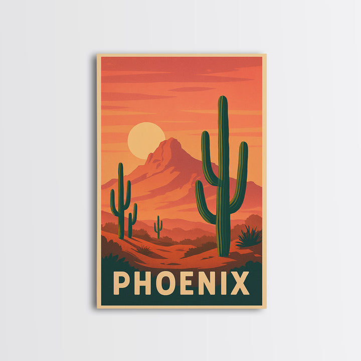 Phoenix Arizona Travel Poster, Framed Canvas Print, Retro Sunset Skyline Art, Phoenix Travel Art, Vintage Travel Print, Vintage City Poster