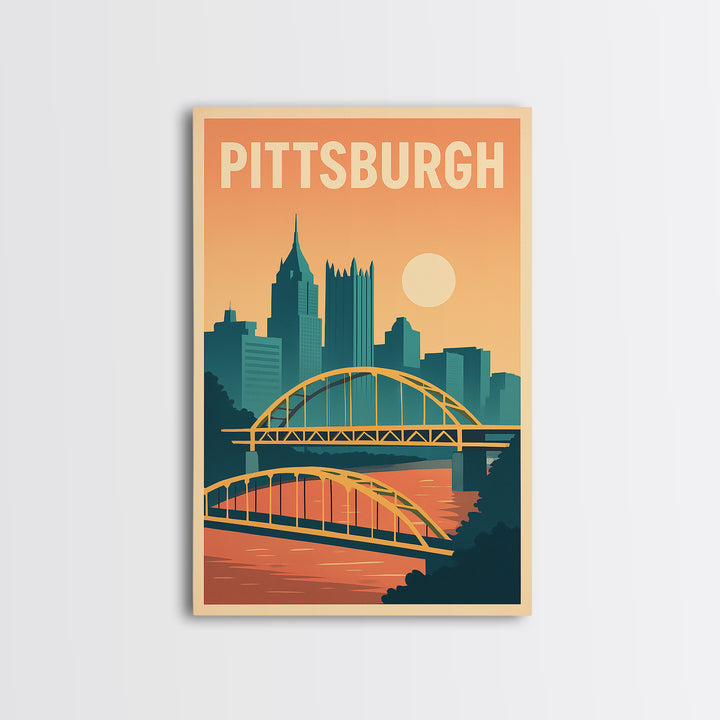 Pittsburgh Travel Poster, Framed Canvas Print, Mid Century City Wall Art, Pittsburgh Poster Print, Home Office Decor, Retro Travel Print