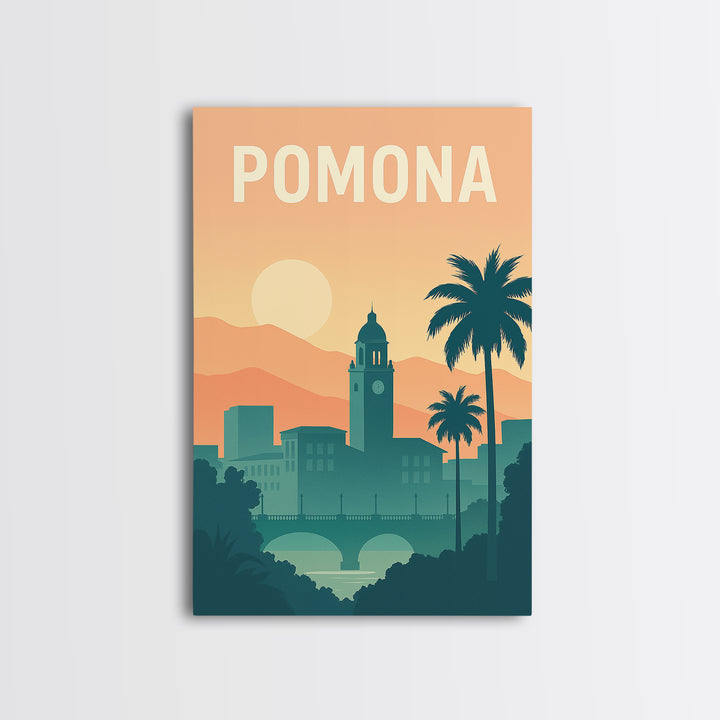 Pomona Travel Poster, Canvas Print, Retro Sunset Skyline Art, Pomona Travel Art, City Illustration, City Art Print, Travel Poster Art