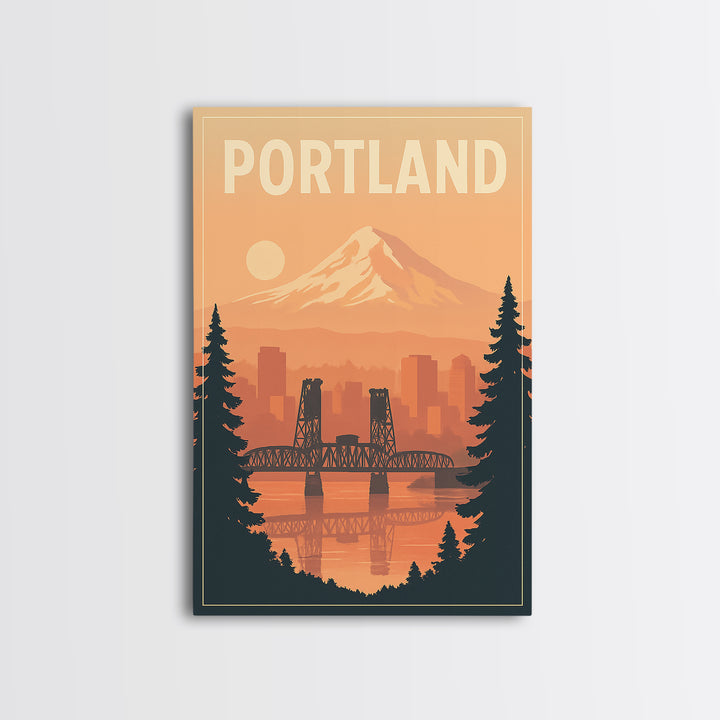 Portland Oregon Travel Poster, Framed Canvas Print, Retro Sunset Skyline Art, Portland Travel Art, City Illustration, Travel Poster Art