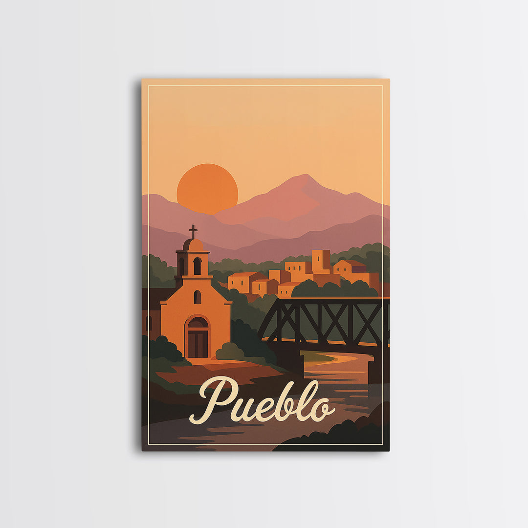 Pueblo Colorado Travel Poster, Canvas Print, Retro Sunset Skyline Art, Pueblo Wall Art, Retro Travel Print, Modern Wall Decor, Travel Gift