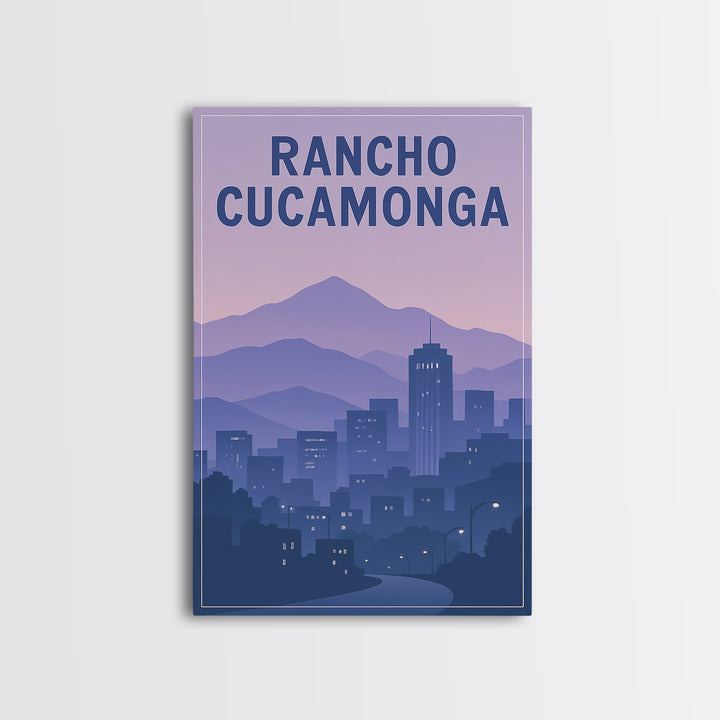 Rancho Cucamonga California Travel Poster, Framed Canvas Print, Retro Sunset Skyline Art, Rancho Cucamonga Poster Print, Eclectic Wall Decor
