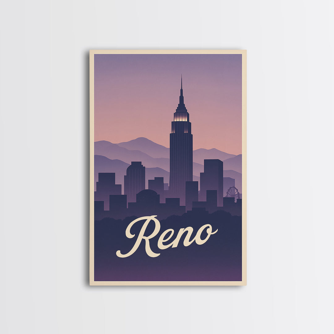 Reno Travel Poster, Canvas Print, Retro Sunset Skyline Art, Reno Art Print, City Illustration, Wanderlust Decor, Mid Century Wall Art