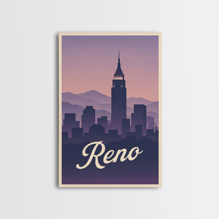 Reno Travel Poster, Canvas Print, Retro Sunset Skyline Art, Reno Art Print, City Illustration, Wanderlust Decor, Mid Century Wall Art