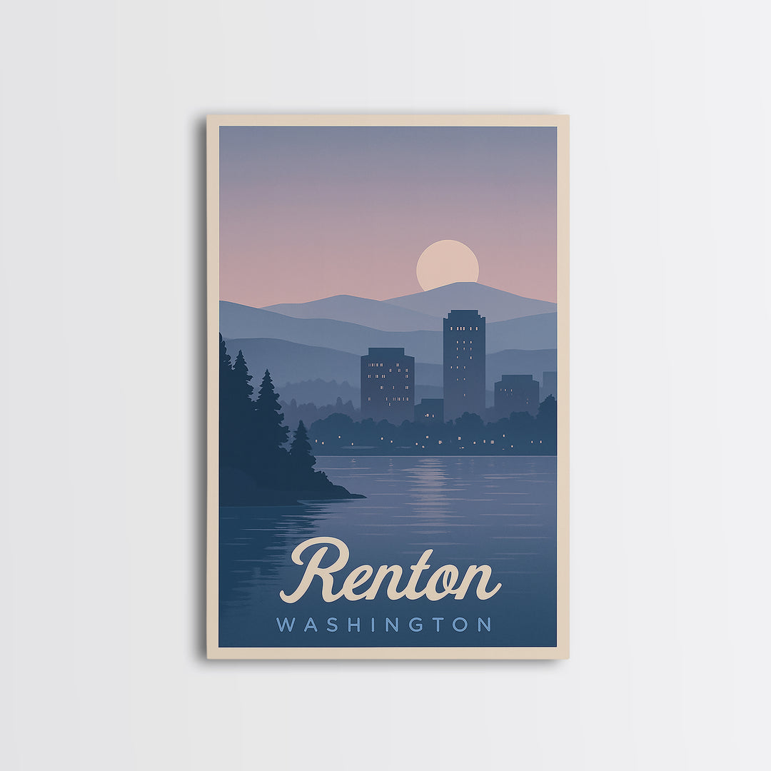 Renton Travel Poster, Framed Canvas Print, Mid Century City Wall Art, Renton Wall Art, Home Office Decor, Travel Wall Decor, Art Print