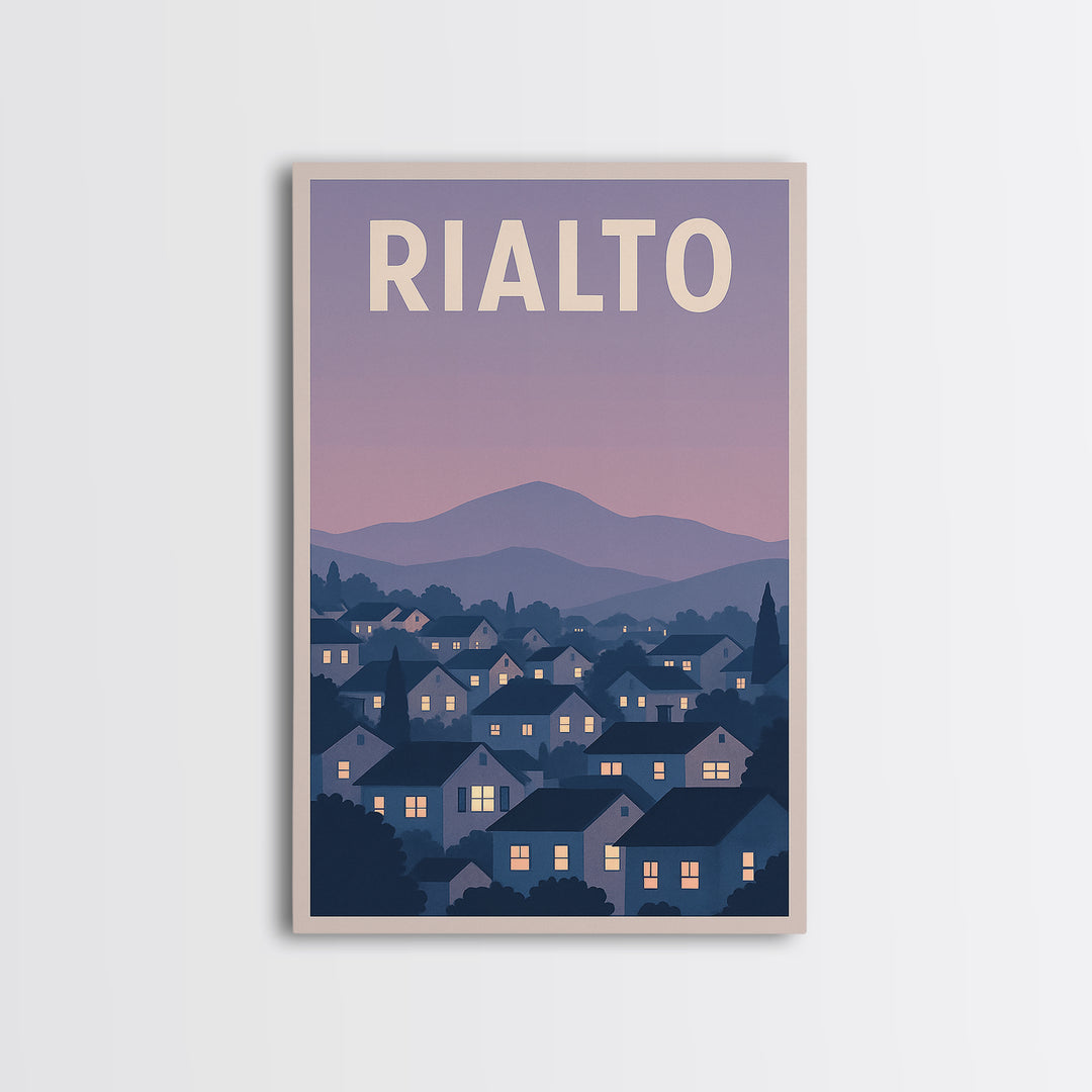 Rialto Travel Poster, Framed Canvas Print, Retro Sunset Skyline Art, Rialto Wall Art, Watercolor Skyline Art, Travel Poster Art, Design 2