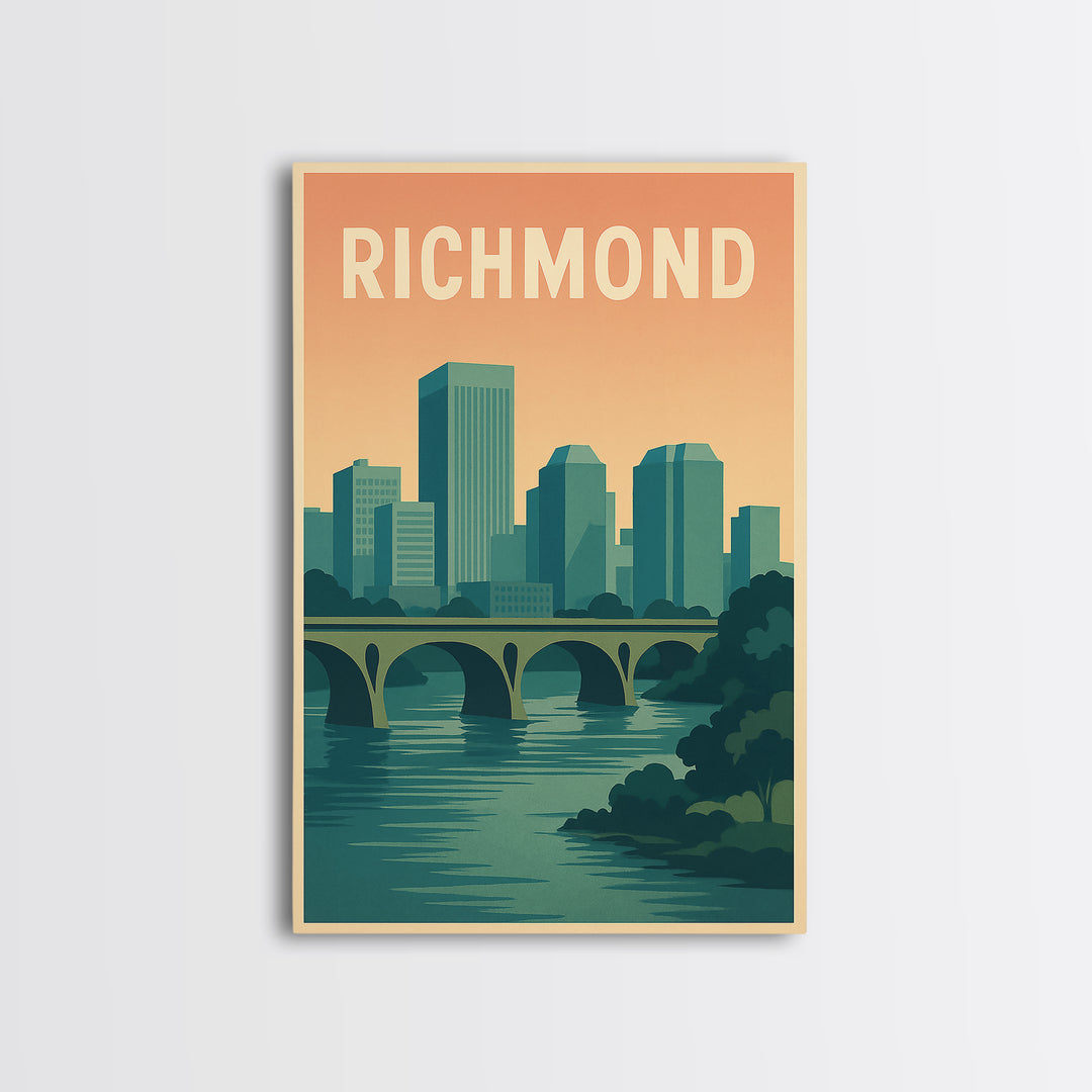 Richmond Virginia Travel Poster, Canvas Print, Retro Sunset Skyline Art, Richmond Poster Print, Watercolor Cityscape, Retro Travel Print