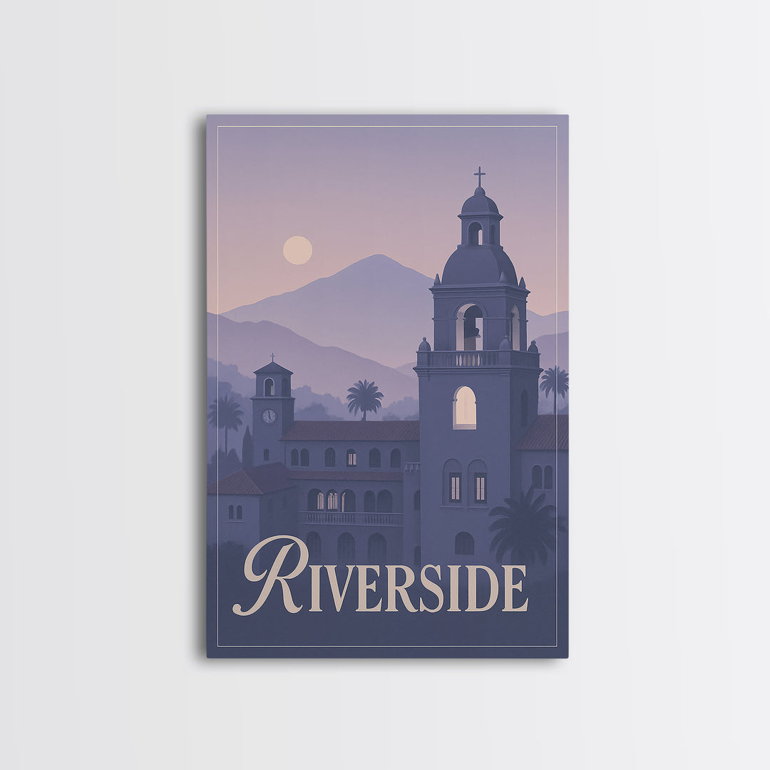 Riverside Travel Poster, Framed Canvas Print, Classic Travel Poster Art, Riverside Wall Art, Eclectic Wall Decor, City Illustration