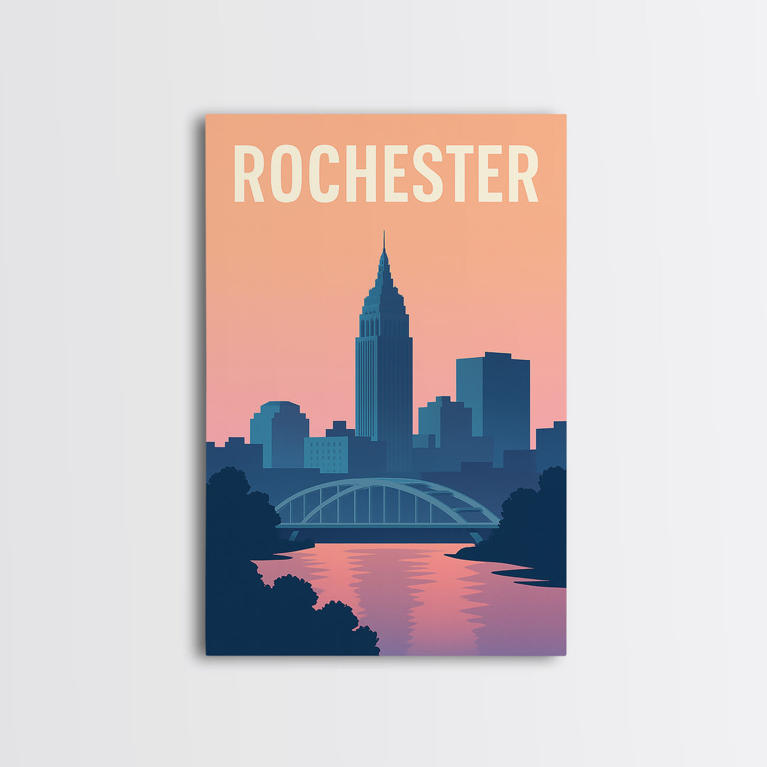 Rochester Travel Poster, Framed Canvas Print, Mid Century City Wall Art, Rochester Travel Art, City Art Print, Vintage City Poster