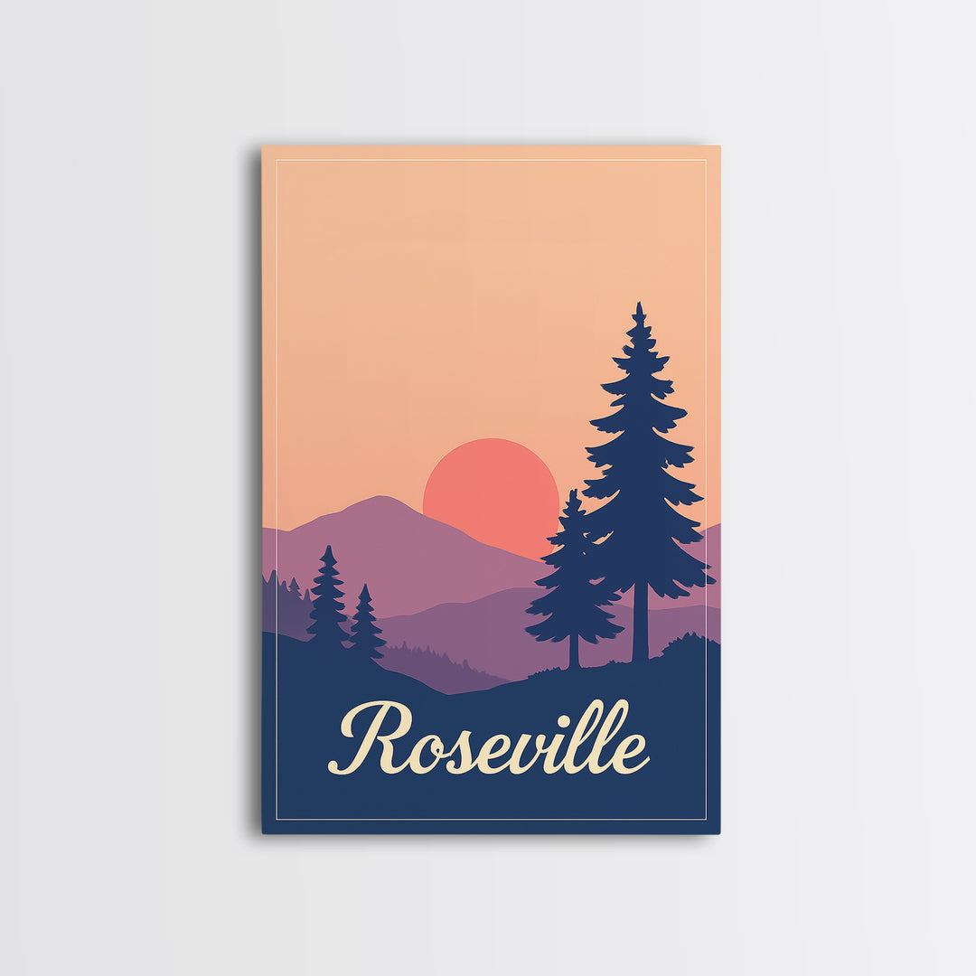 Roseville California Travel Poster, Canvas Print, Mid Century City Wall Art, Roseville Poster Print, Travel Wall Art, Vintage City Poster