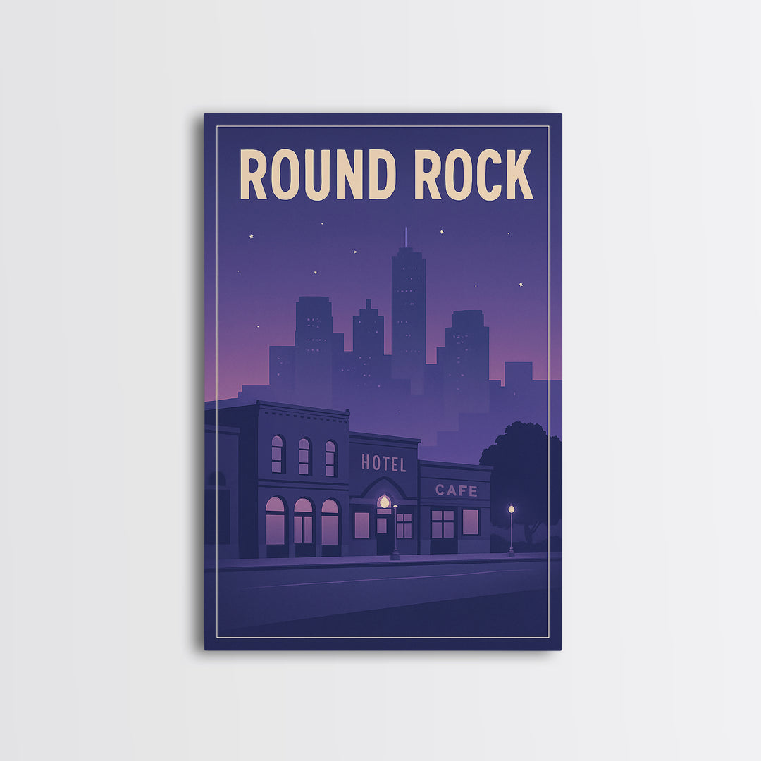 Round Rock Travel Poster, Framed Canvas Print, Retro Sunset Skyline Art, Round Rock Poster Print, Travel Art Print, Living Room Wall Art