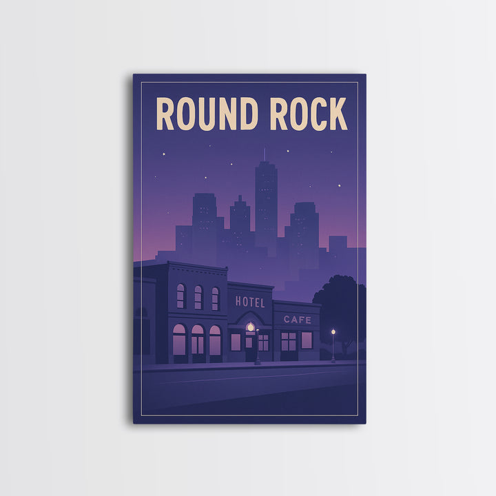 Round Rock Travel Poster, Framed Canvas Print, Retro Sunset Skyline Art, Round Rock Poster Print, Travel Art Print, Living Room Wall Art