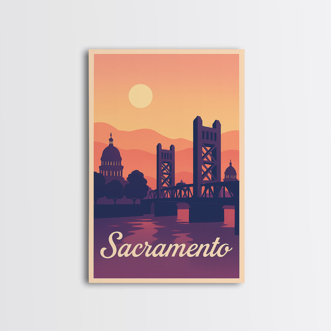 Sacramento California Travel Poster, Canvas Print, Retro Sunset Skyline Art, Sacramento Art Print, Wall Art, Mid Century Wall Art