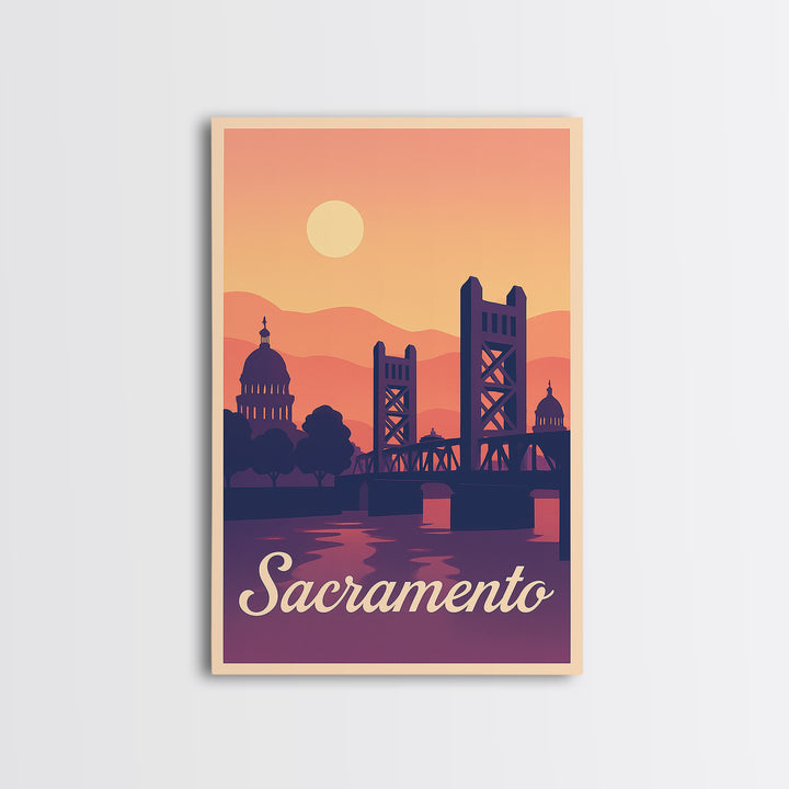 Sacramento California Travel Poster, Canvas Print, Retro Sunset Skyline Art, Sacramento Art Print, Wall Art, Mid Century Wall Art