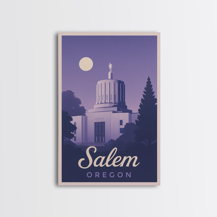 Salem Travel Poster, Canvas Print, Retro Sunset Skyline Art, Salem Art Print, City Illustration, Mid Century Wall Art, Travel Wall Decor