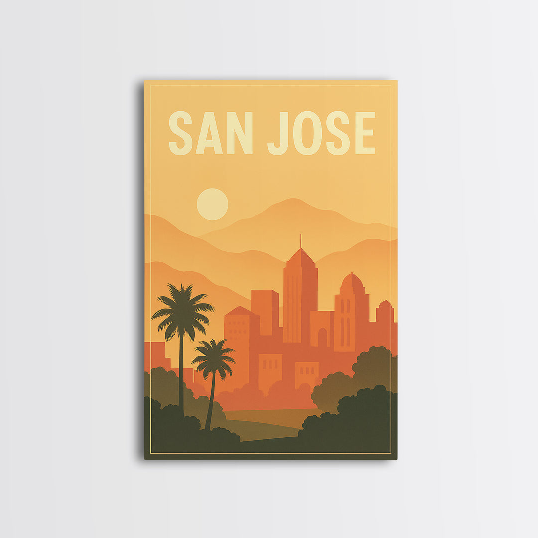 San Jose California Travel Poster, Framed Canvas Print, Retro Sunset Skyline Art, San Jose Poster Print, Fine Art Print, Vintage City Art