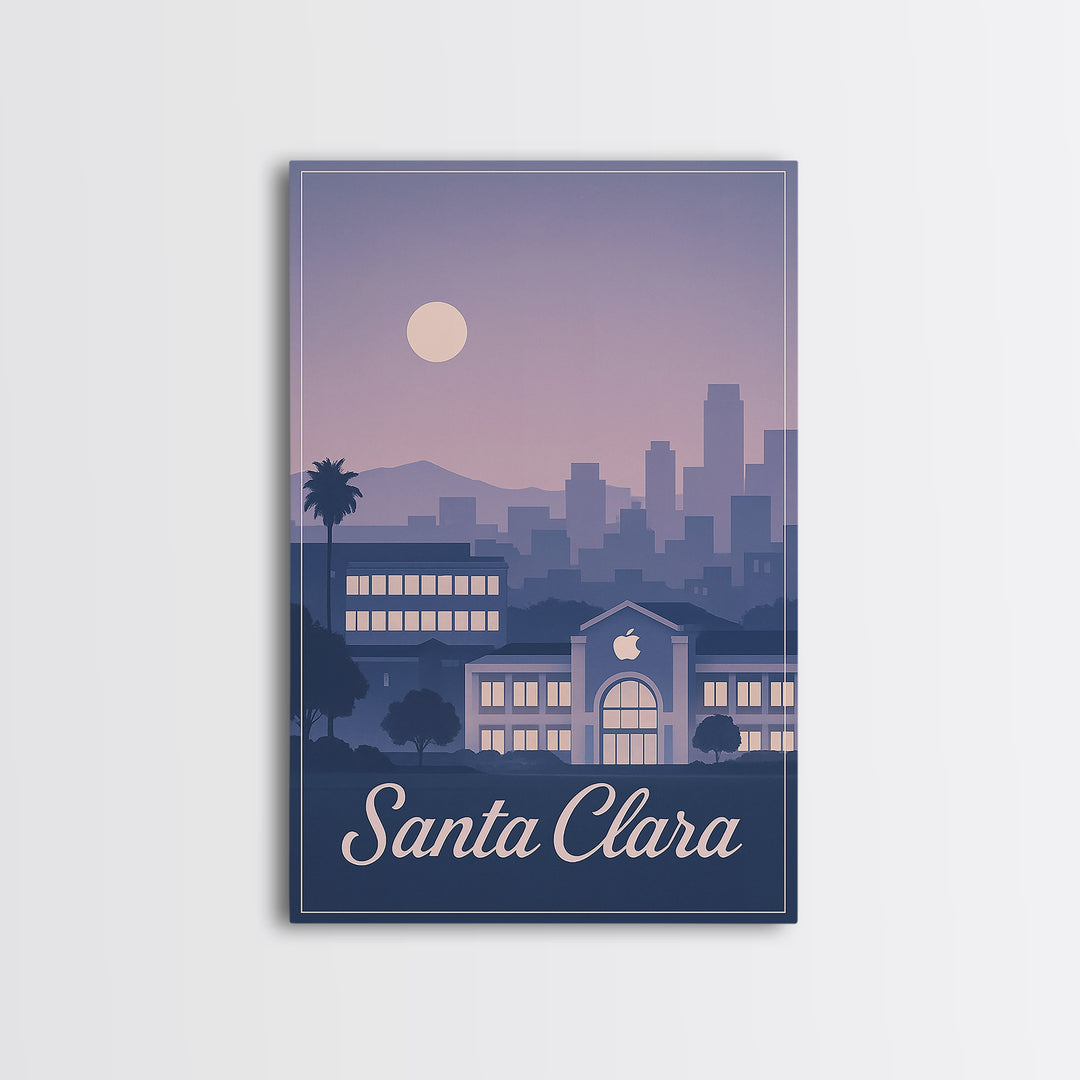 Santa Clara Travel Poster, Framed Canvas Print, Retro Sunset Skyline Art, Santa Clara Wall Art, Living Room Wall Art, Vintage City Art