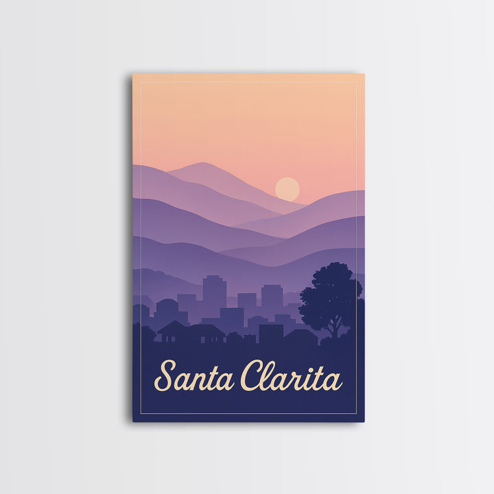 Santa Clarita Travel Poster, Framed Canvas Print, Retro Sunset Skyline Art, Santa Clarita Art Print, Travel Wall Decor, Modern Wall Decor