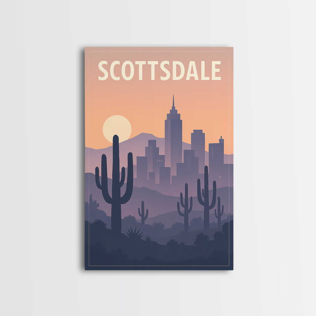 Scottsdale Arizona Travel Poster, Canvas Print, Retro Sunset Skyline Art, Scottsdale Travel Art, Gift For Travelers, Travel Wall Art