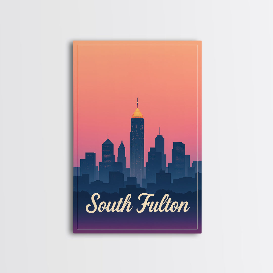 South Fulton Georgia Travel Poster, Canvas Print, Retro Sunset Skyline Art, South Fulton Wall Art, Gift For Travelers, Mid Century Wall Art