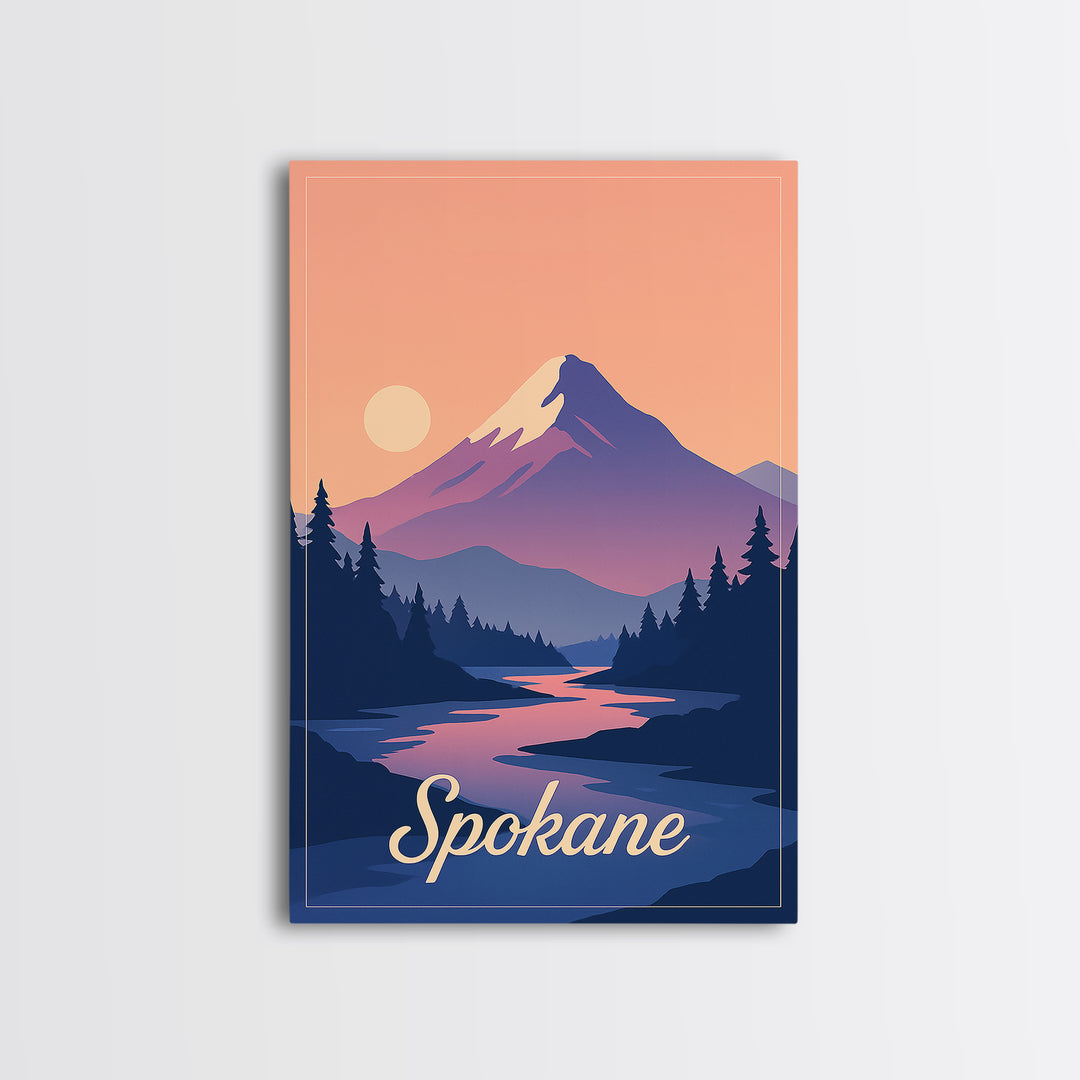 Spokane Washington Travel Poster, Canvas Print, Retro Sunset Skyline Art, Spokane Travel Art, Retro Travel Print, Watercolor Urban Skyline