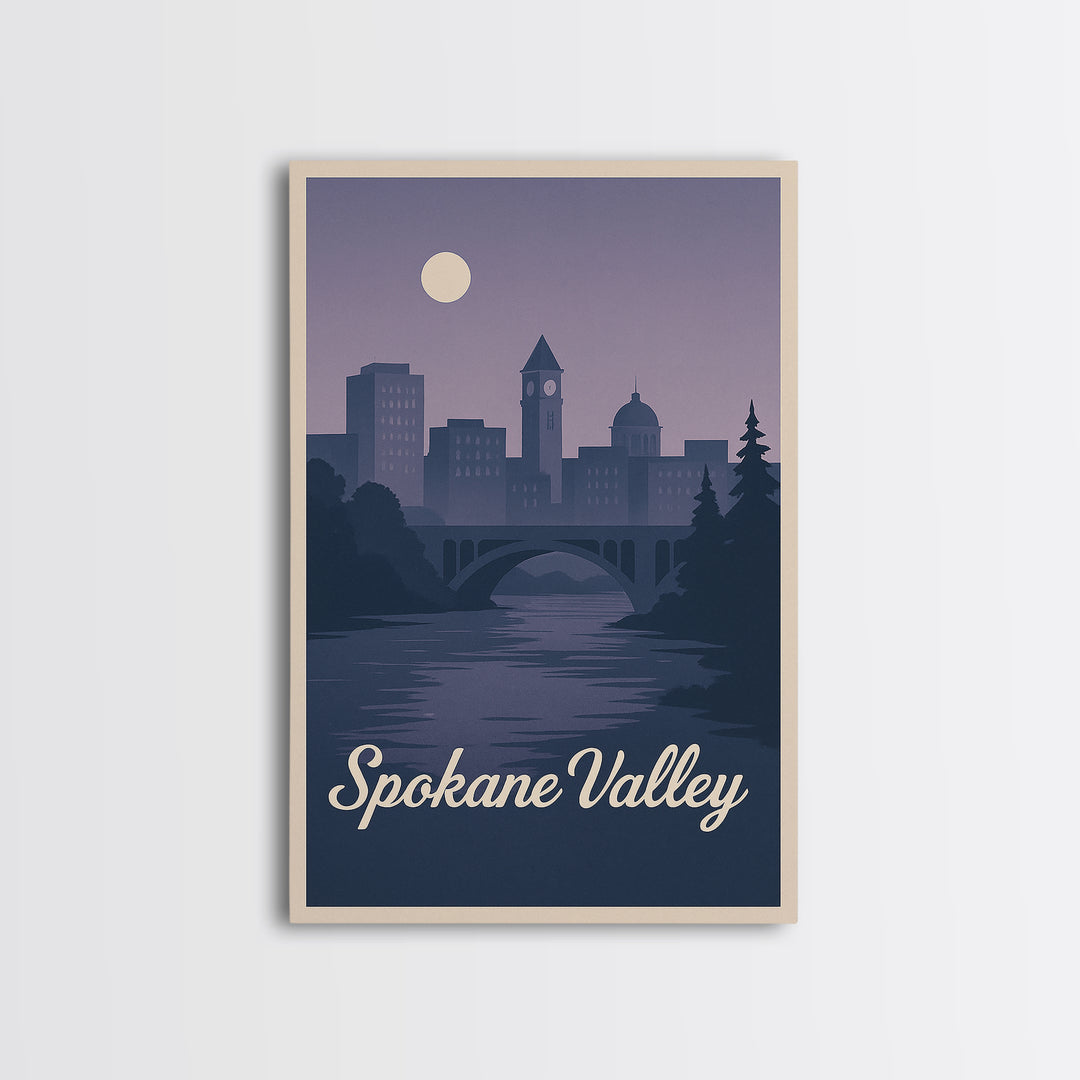 Spokane Valley Travel Poster, Canvas Print, Mid Century City Wall Art, Spokane Valley Art Print, City Art Print, Watercolor Cityscape