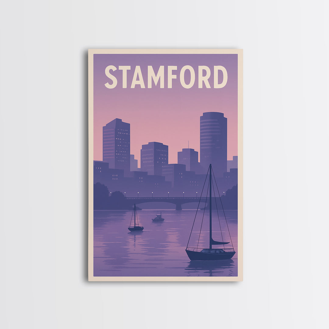 Stamford Travel Poster, Framed Canvas Print, Mid Century City Wall Art, Stamford Travel Art, Travel Poster Art, City Illustration