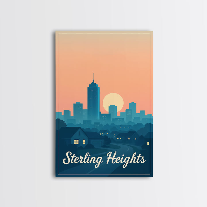 Sterling Heights Michigan Travel Poster, Framed Canvas Print, Retro Sunset Skyline Art, Sterling Heights Wall Art, City Travel Prints