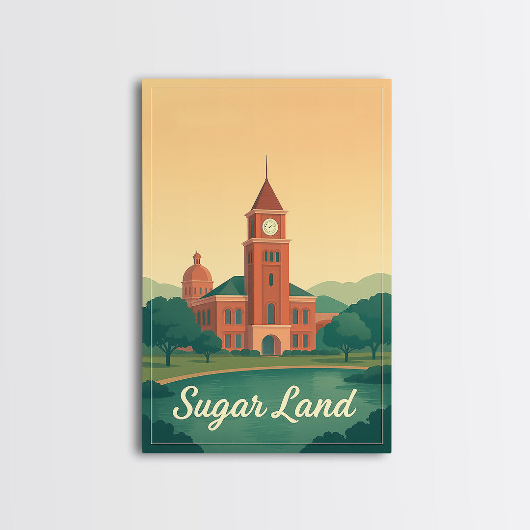 Sugar Land Texas Travel Poster, Framed Canvas Print, Mid Century City Wall Art, Sugar Land Travel Art, Travel Poster Art, Gift For Travelers
