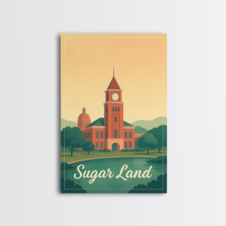 Sugar Land Texas Travel Poster, Framed Canvas Print, Mid Century City Wall Art, Sugar Land Travel Art, Travel Poster Art, Gift For Travelers
