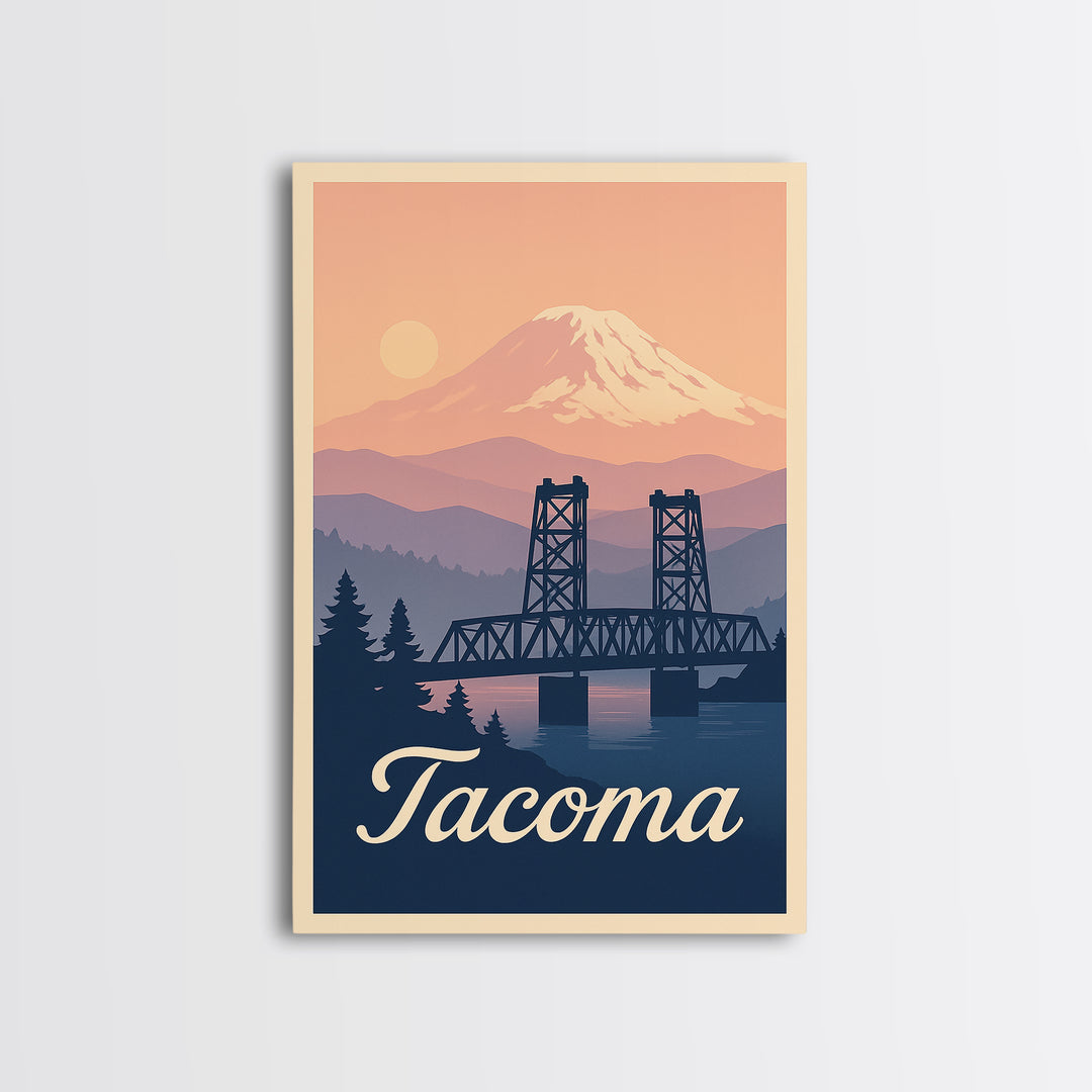 Tacoma Washington Travel Poster, Framed Canvas Print, Retro Sunset Skyline Art, Tacoma Poster Print, Eclectic Wall Decor, City Travel Prints