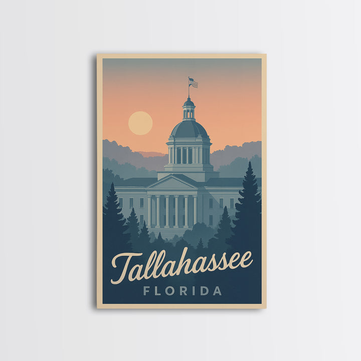 Tallahassee Travel Poster, Canvas Print, Retro Sunset Skyline Art, Tallahassee Wall Art, Travel Poster Set, Vintage City Poster