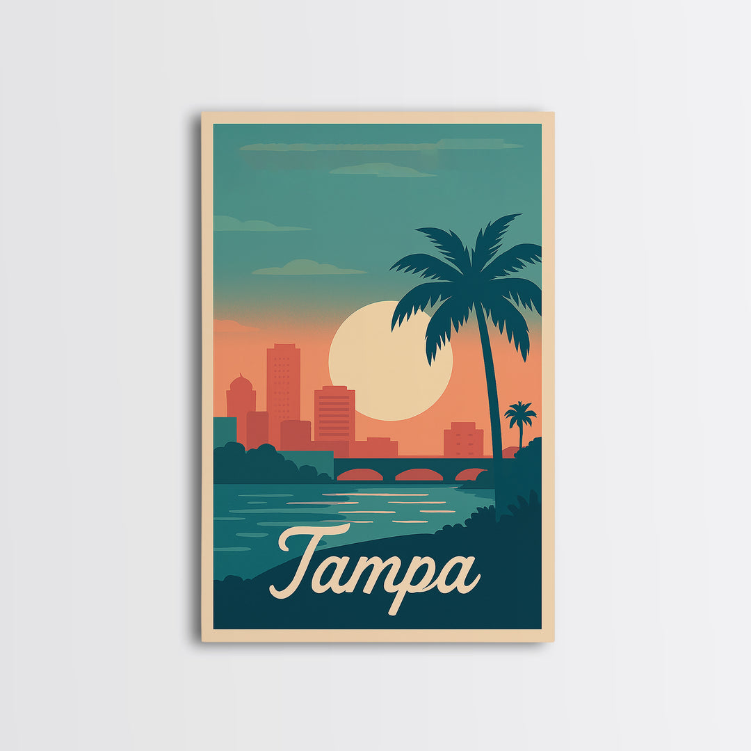 Tampa Florida Travel Poster, Canvas Print, Retro Sunset Skyline Art, Tampa Wall Art, Retro Travel Print, Vintage City Art, Travel Poster Art