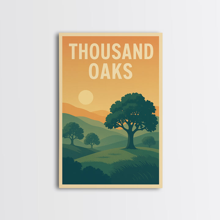 Thousand Oaks Travel Poster, Framed Canvas Print, Retro Sunset Skyline Art, Thousand Oaks Art Print, Vintage City Poster, Retro Travel Print