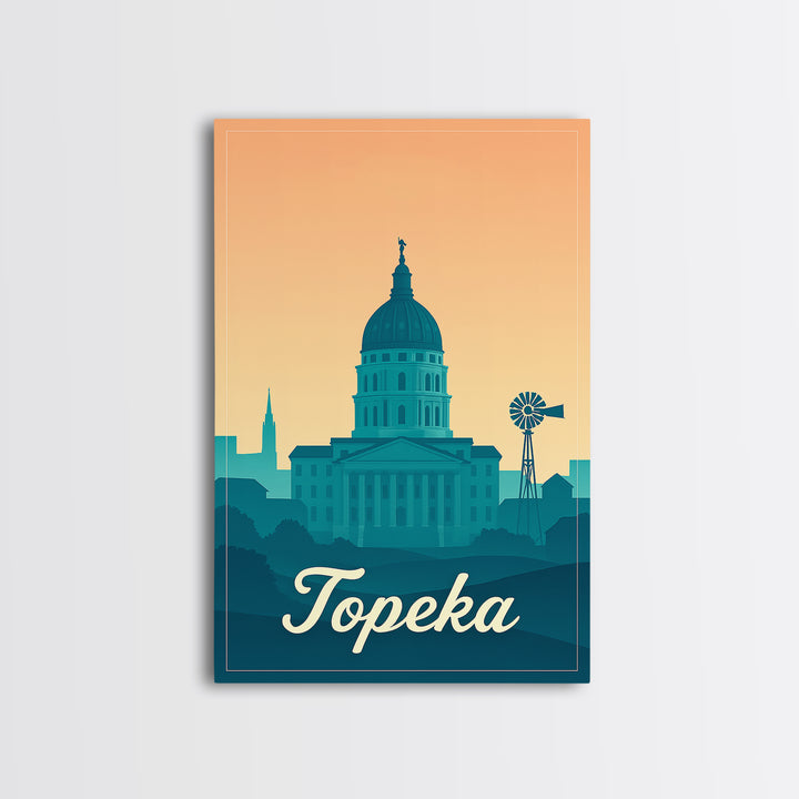 Topeka Kansas Travel Poster, Canvas Print, Retro Sunset Skyline Art, Topeka City Art, Gift For Travelers, Wall Art, Travel Art Print