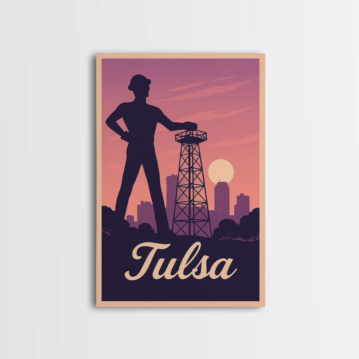 Tulsa Travel Poster, Framed Canvas Print, Retro Sunset Skyline Art, Tulsa Poster Print, Retro Travel Print, City Art Print, Travel Decor
