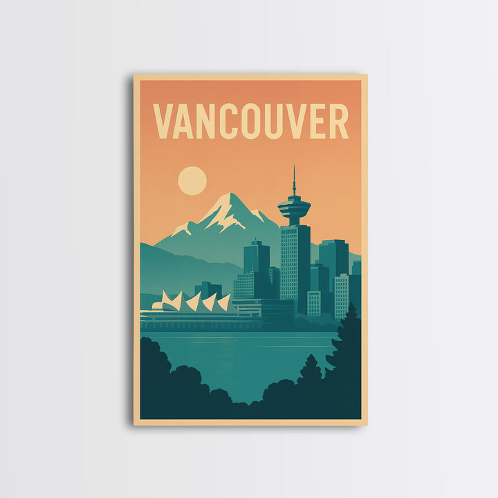 Vancouver Travel Poster, Canvas Print, Retro Sunset Skyline Art, Vancouver Wall Art, City Art Print, Vintage City Art, Fine Art Print
