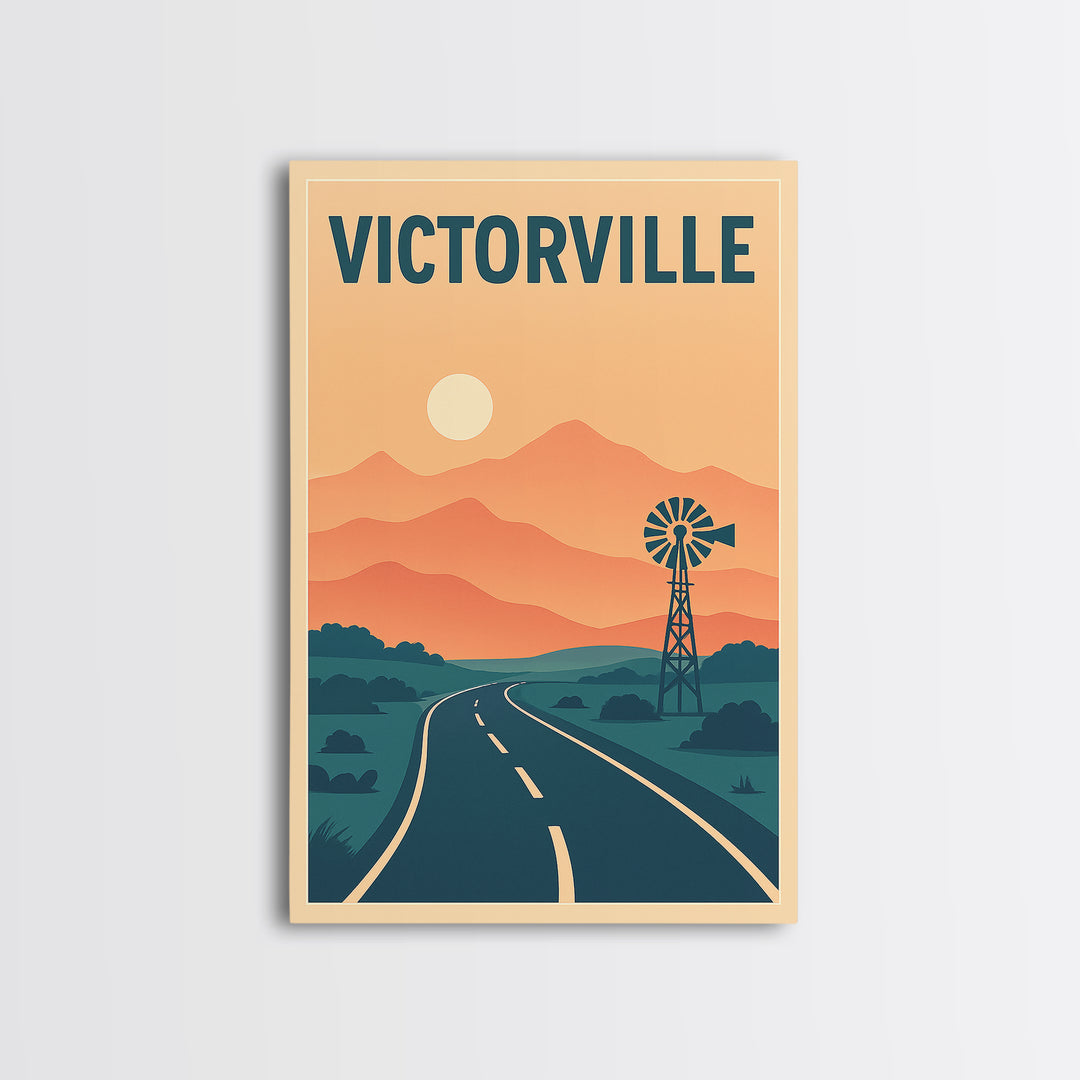 Victorville Travel Poster, Framed Canvas Print, Retro Sunset Skyline Art, Victorville Wall Art, City Art Print, Travel Poster Art