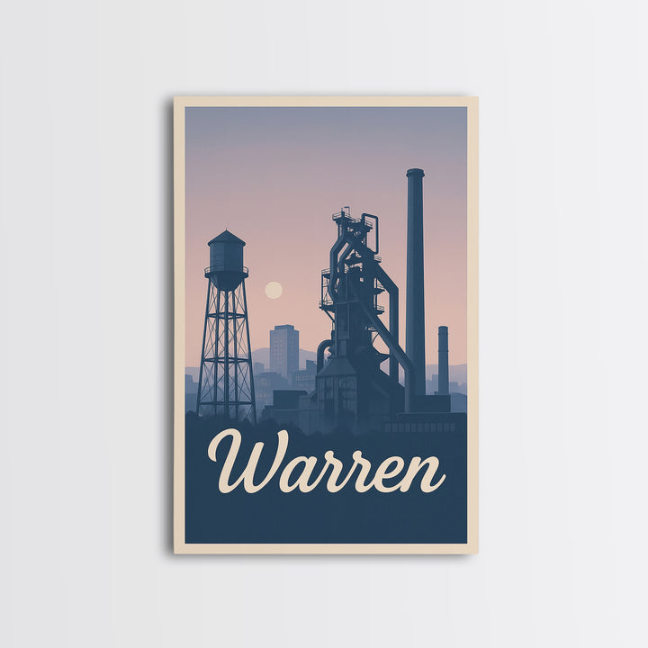 Warren Travel Poster, Framed Canvas Print, Retro Sunset Skyline Art, Warren City Art, Mid Century Wall Art, Modern Wall Decor, Design 2