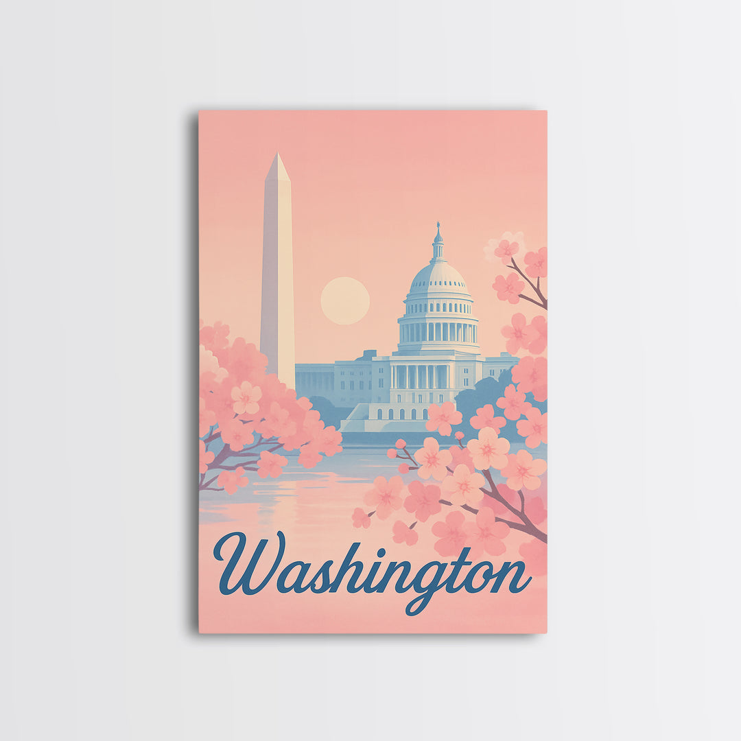 Washington Travel Poster, Framed Canvas Print, Retro Sunset Skyline Art, Washington Poster Print, Vintage City Poster, City Art Print