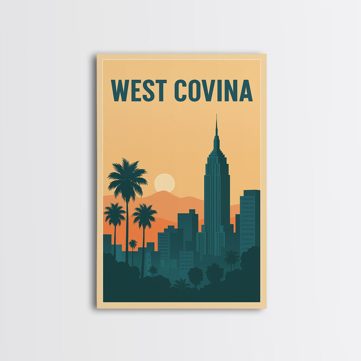 West Covina Travel Poster, Framed Canvas Print, Retro Sunset Skyline Art, West Covina Poster Print, Eclectic Wall Decor, Home Office Decor