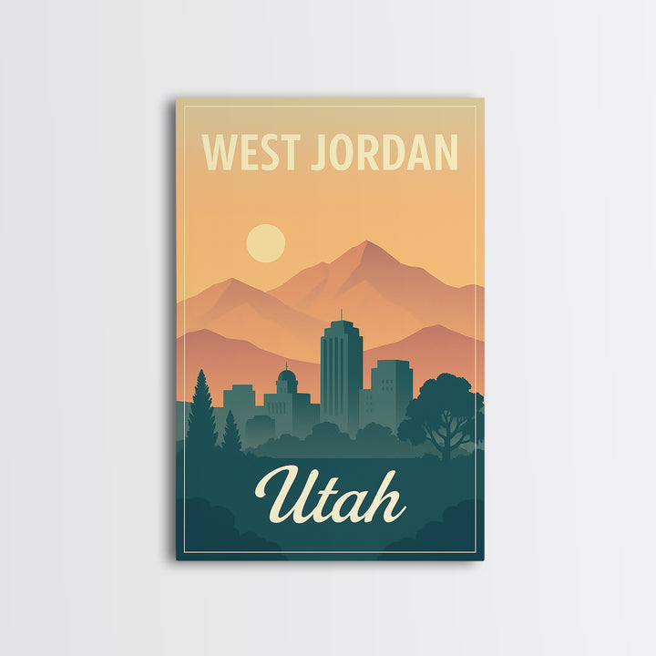 West Jordan Travel Poster, Framed Canvas Print, Retro Sunset Skyline Art, West Jordan Travel Art, City Illustration, Modern Wall Decor