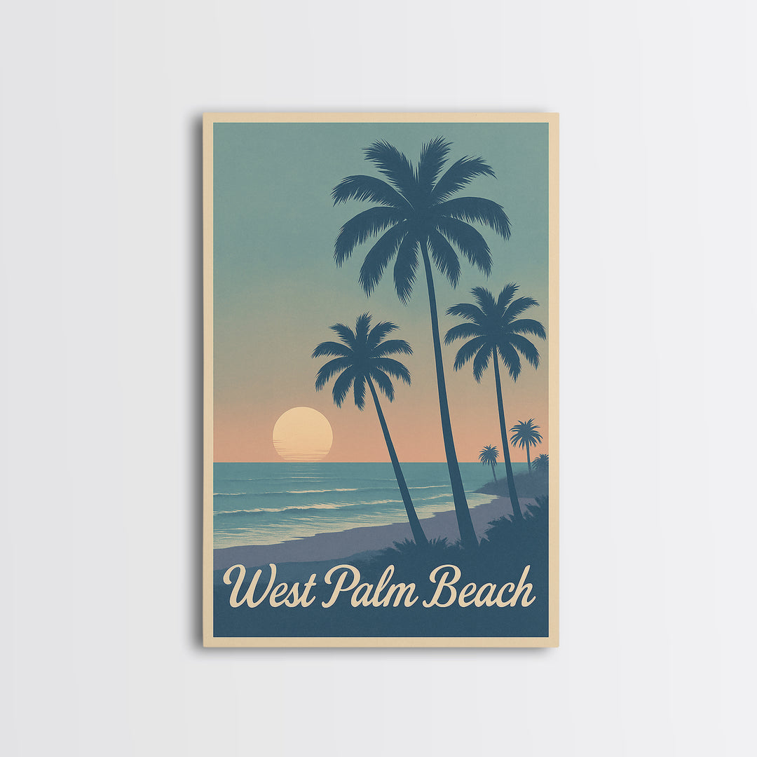 West Palm Beach Travel Poster, Framed Canvas Print, Retro Sunset Skyline Art, West Palm Beach Art Print, Fine Art Print, Travel Poster Art