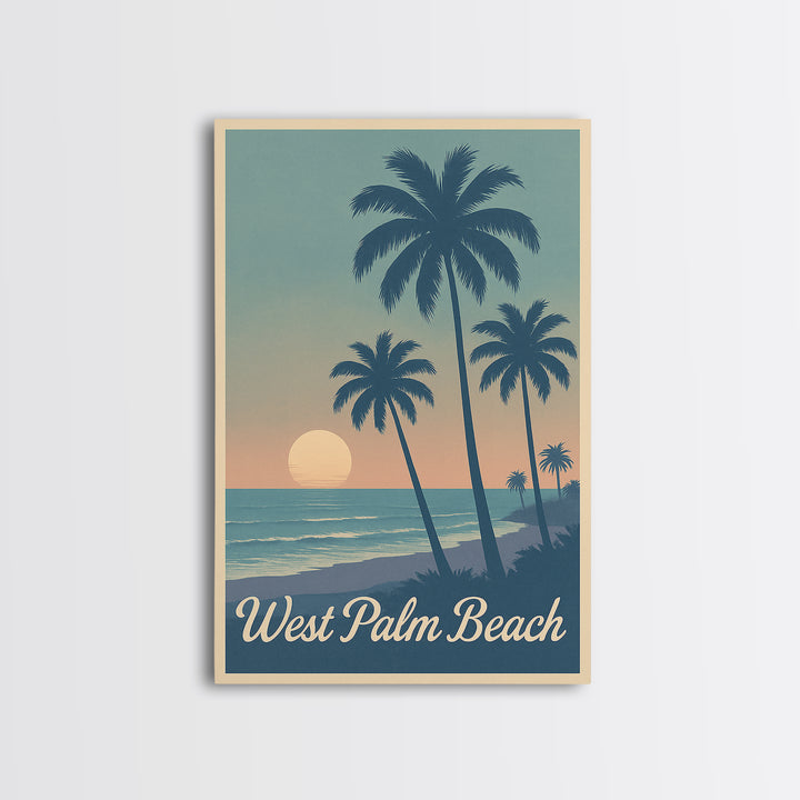 West Palm Beach Travel Poster, Framed Canvas Print, Retro Sunset Skyline Art, West Palm Beach Art Print, Fine Art Print, Travel Poster Art