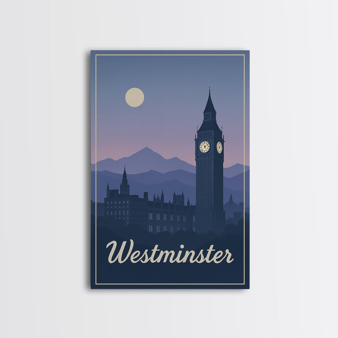 Westminster Travel Poster, Canvas Print, Mid Century City Wall Art, Westminster Travel Art, City Travel Prints, Home Office Decor